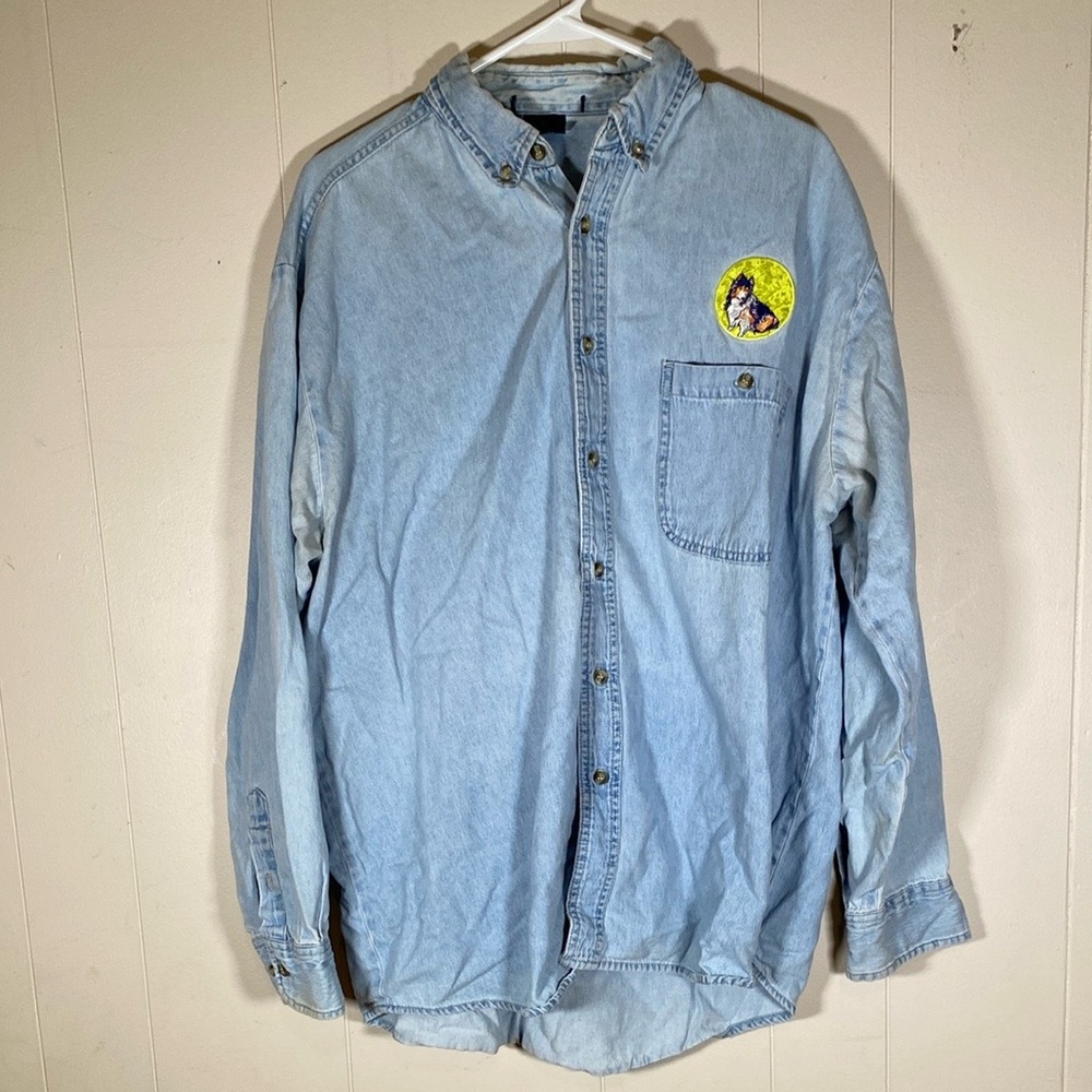 Vintage Light Blue faded Denim Button-Up Shirt collie dog size XL